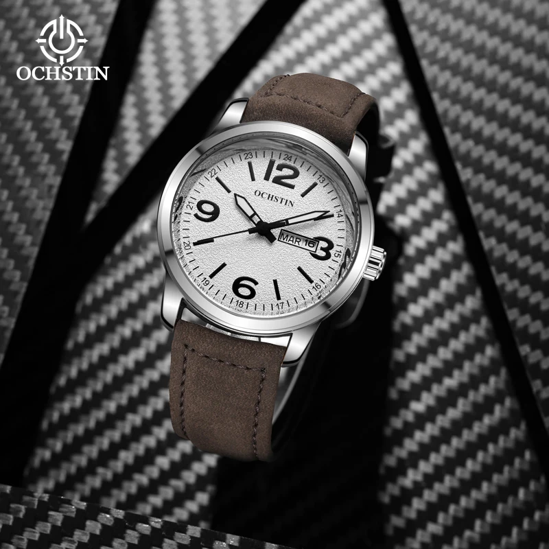 OCHSTIN Commander Series Quartz Watch Multi-functional HD Luminous Leather Strap Multicolor Cacual Quartz Clock