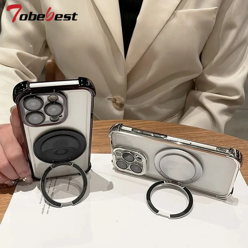 360 Degree Rotating Magnetic Bracket Clear Shockproof Phone Case