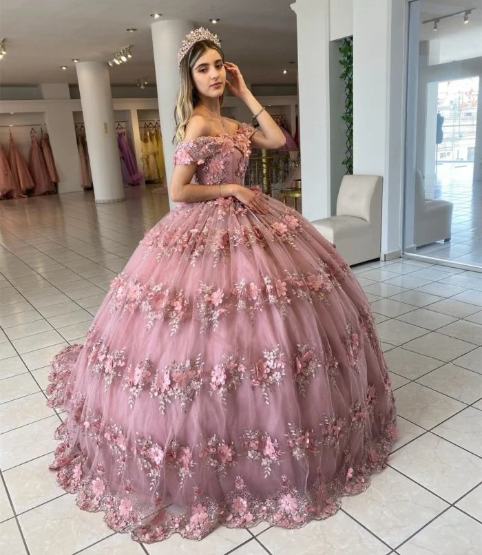 Roze Prinses Quinceanera Jurken Baljurk Van De Schouder Tule Appliques Sweet 16 Jurken 15 Años Mexicaans