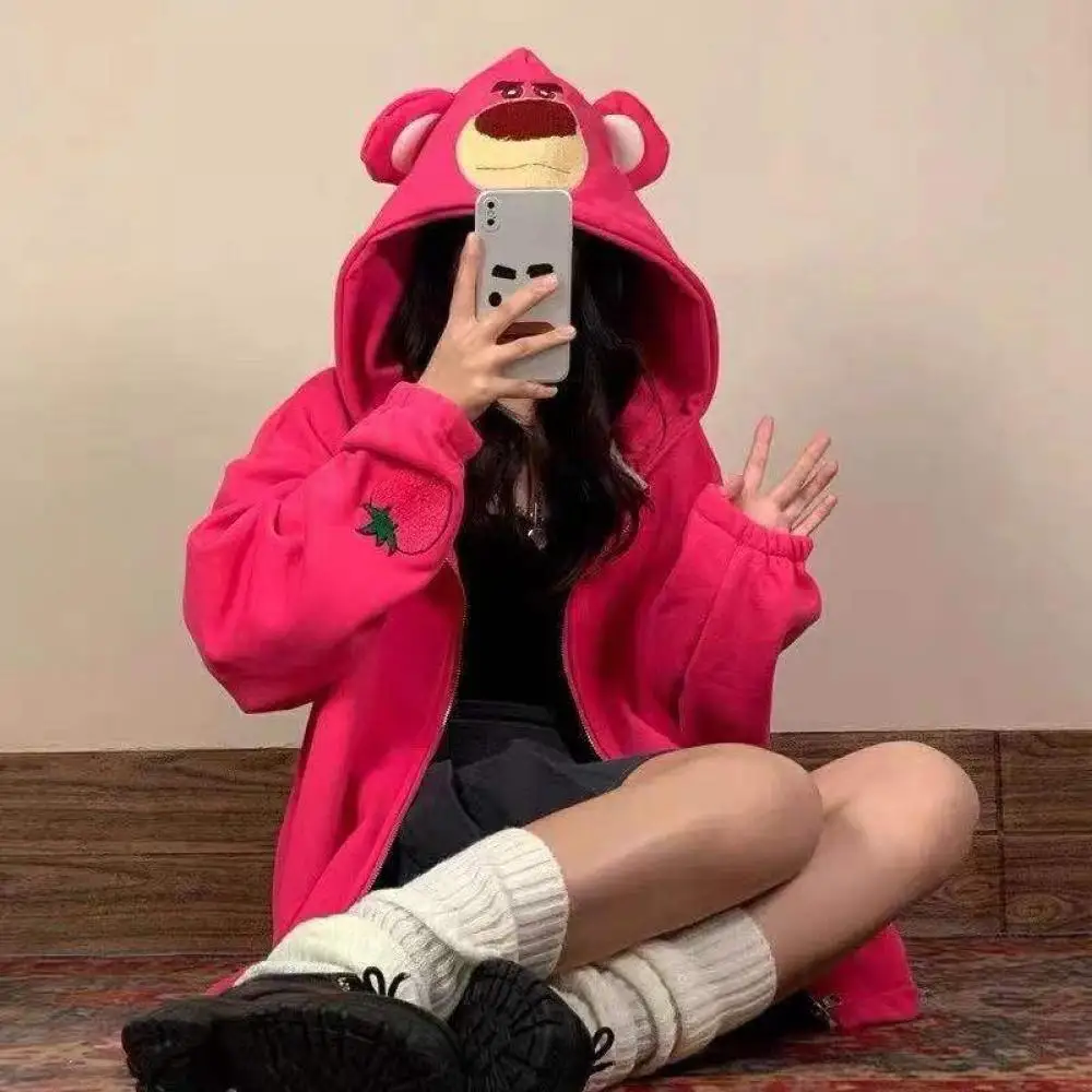 

Kawaii Women's Anime Hooded Sweatshirt Autumn Winter Thickened Velvet Warm Long Sleeve Girly Jacket Loose Casual Cartoon Coat