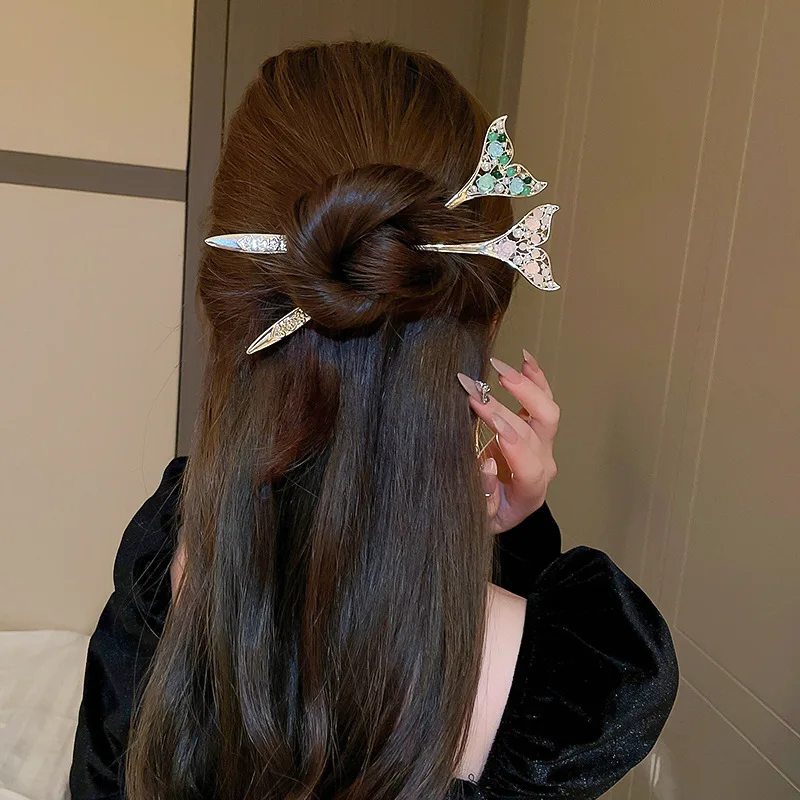 

Sweet Rhinestone Pearl Fish-tail Hairpins Hair Sticks for Women Elegant Temperament Hair Accessories