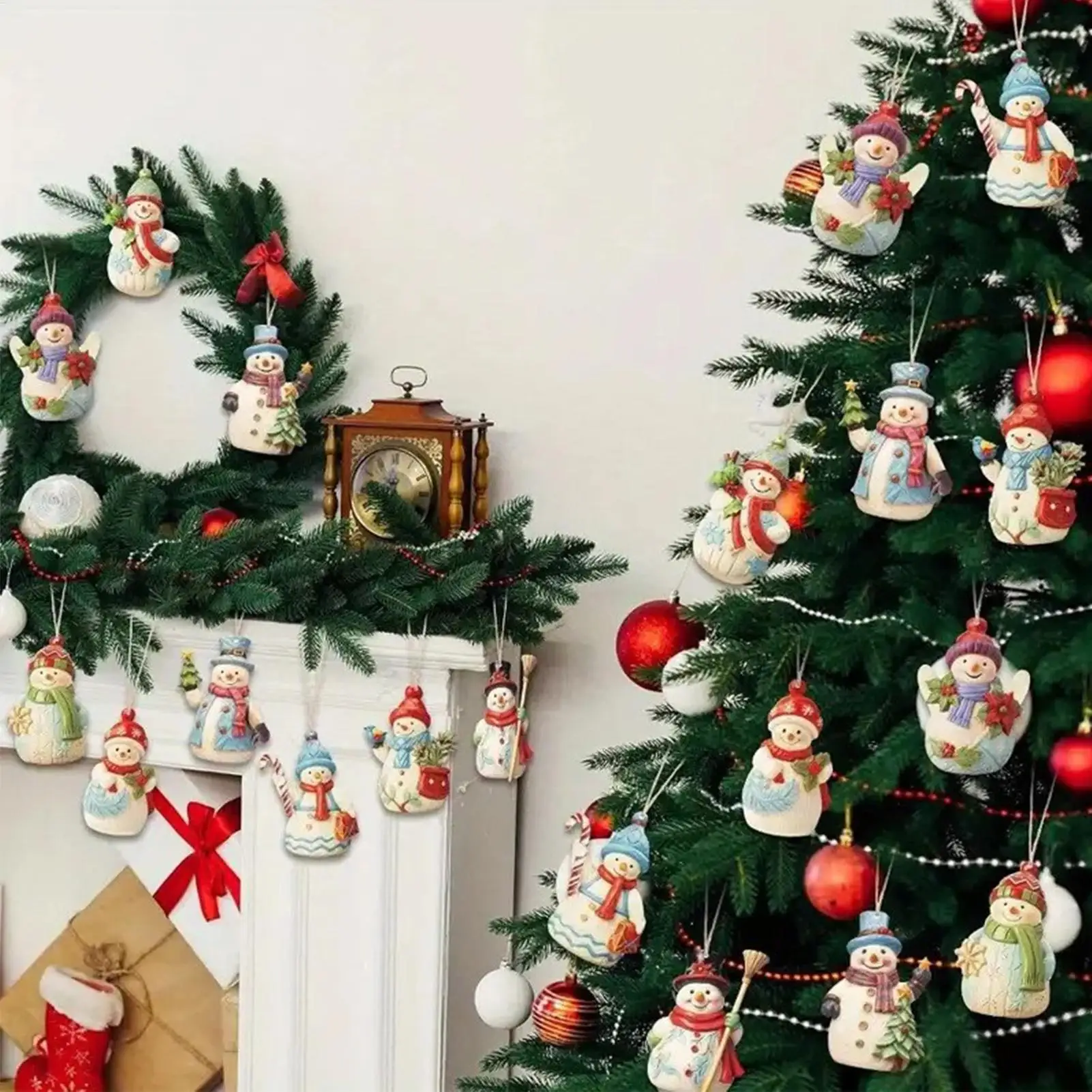 Christmas Tree Decorations Decorative Hangable Snowman Ornaments 9pcs Wood Crafts Figurine Pendant Hangable For Holiday Home