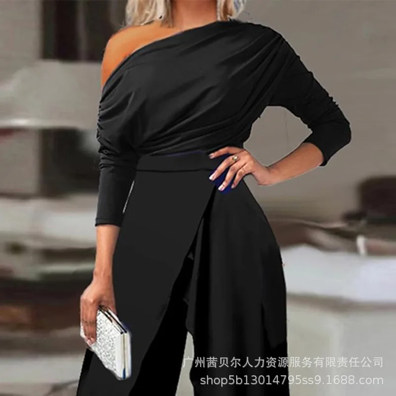 Y2K Formal Elegant Party Jumpsuit Solid Color Spring Jumpsuits Romper Women One-Shoulder Long Sleeve Wide Leg Pant Jumpsuits