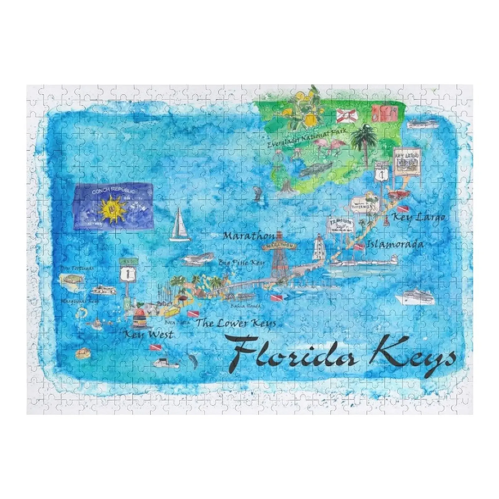 Florida Keys Key West Marathon Key Largo Illustrated Travel Poster Favorite Map Tourist Highlights Jigsaw Puzzle