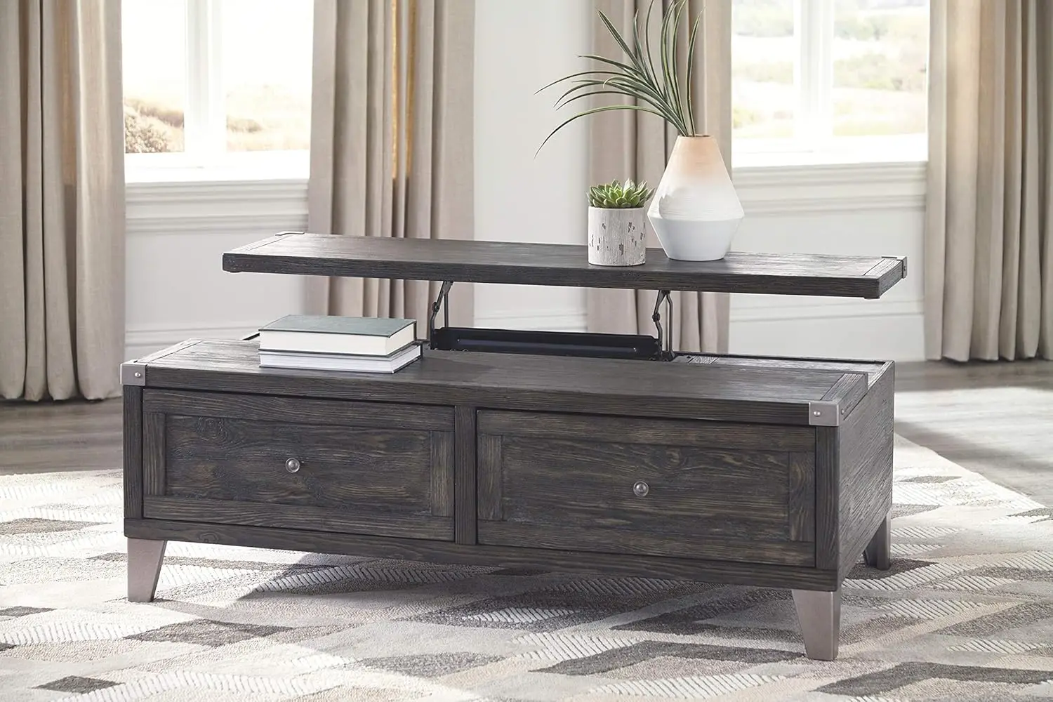 Todoe Industrial Rectangular Lift Top Coffee Table with 2 Storage Drawers, Dark Gray with Weathered Pine Finish 4