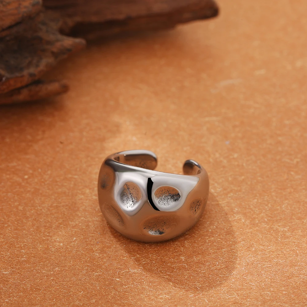 Trend Punk Silver Color Smooth Dome Hammered Geometric Rings for Women Chunky Irregular Textur Wide Knuckle Ring Party Jewelry