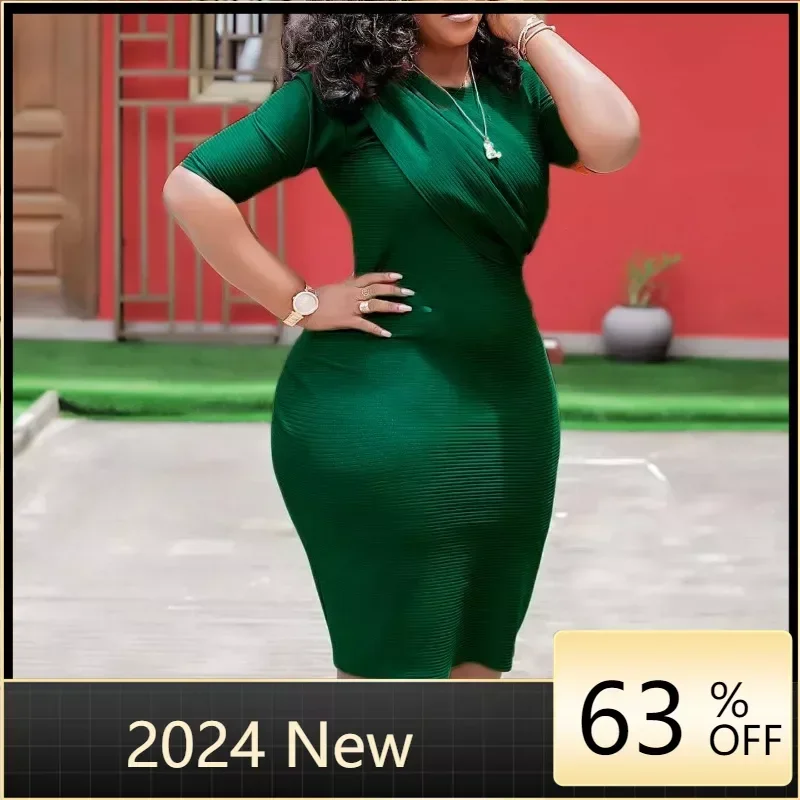 

Women High Waist O-neck Half Sleeve Draped Front Bodycon Midi Dress 2023 Autumn OL Vintage Vestidos Evning Party Dresses