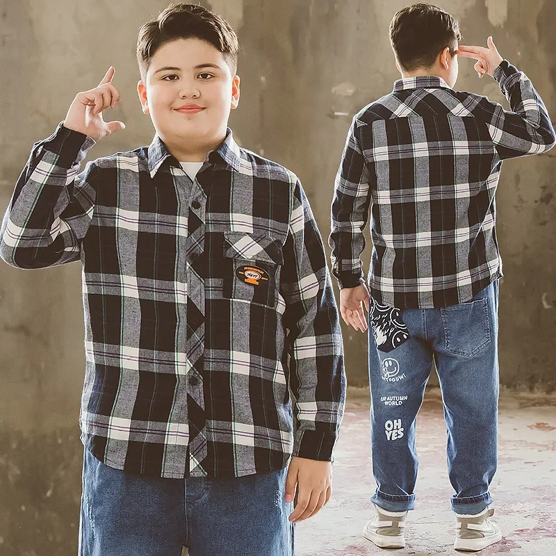 New Children's Plaid Shirt Korean-Style Trendy Long-Sleeve Autumn Lapel Round-Neck Top For Boys And Girls