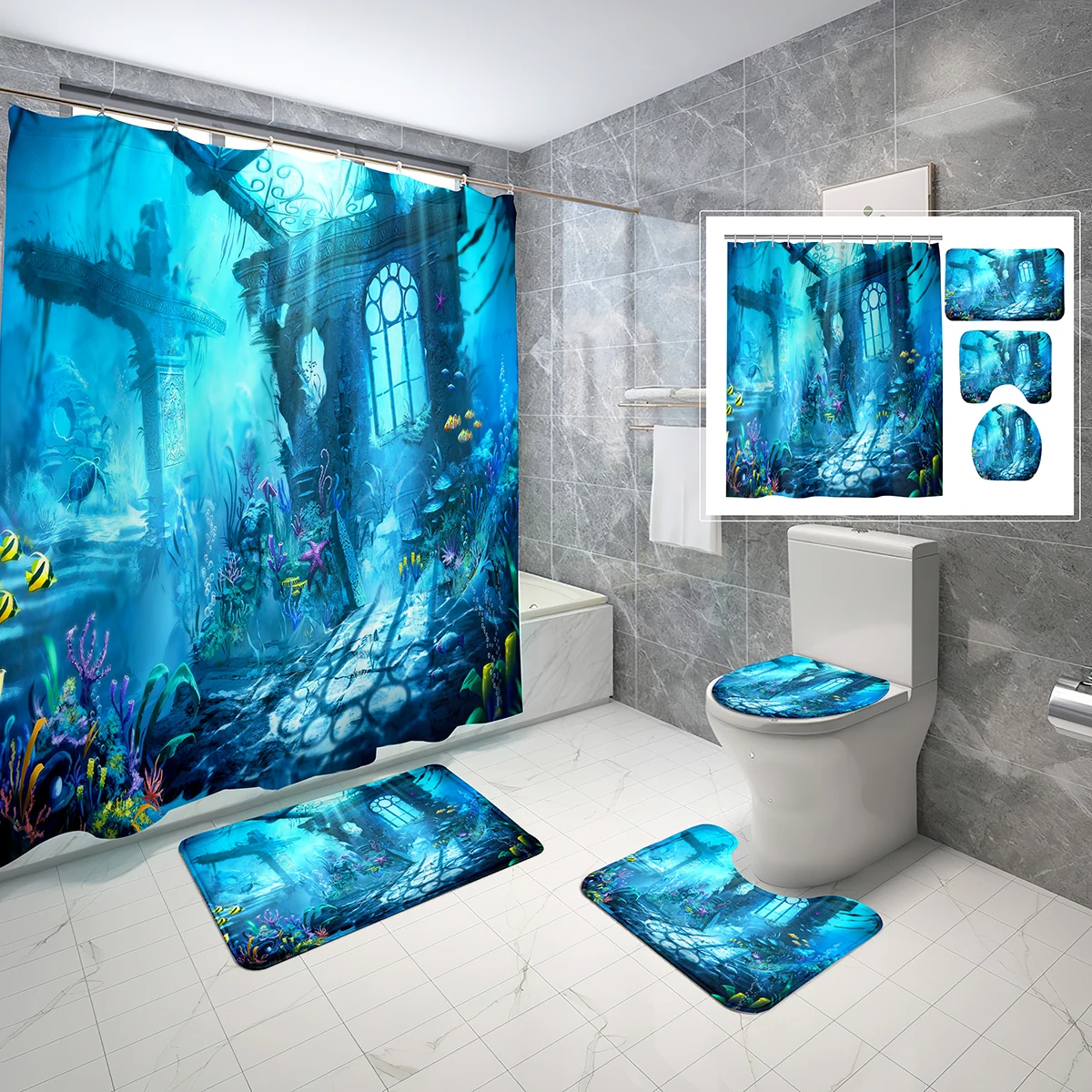 

4PCS Sea World Underwater Marine Life Shower Curtain Set Bathroom Waterproof Shower Curtain Non-Slip Bath Mat Toilet Lid Cover