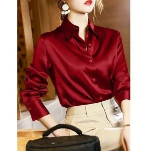 Brand Quality Luxury Women Shirt Elegant Office Button Up Long Sleeve Shirts Momi Silk Crepe Satin Blouses Business Ladies Top Auburn
