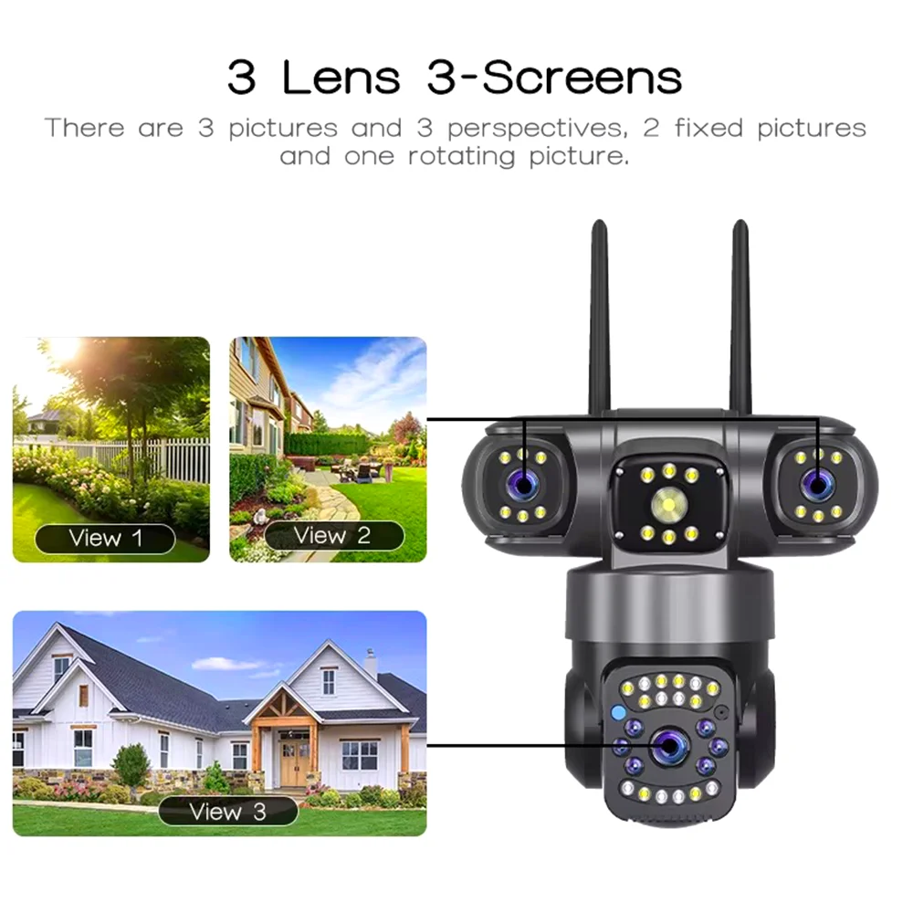 V380pro 6MP WiFi Outdoor PTZ Security Camera 3-Lens IP66 Waterproof Motion Detection Alarm Home Surveillance 3