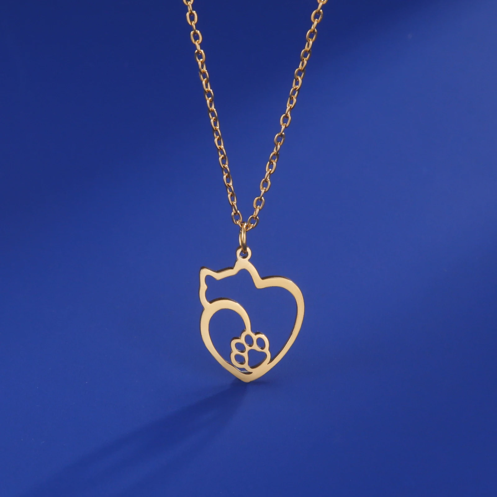 Cat Kitten Heart Paw Pendant Necklaces for Women Animal Jewelry Stainless Steel Neck Chain Necklace - PeticaDeals