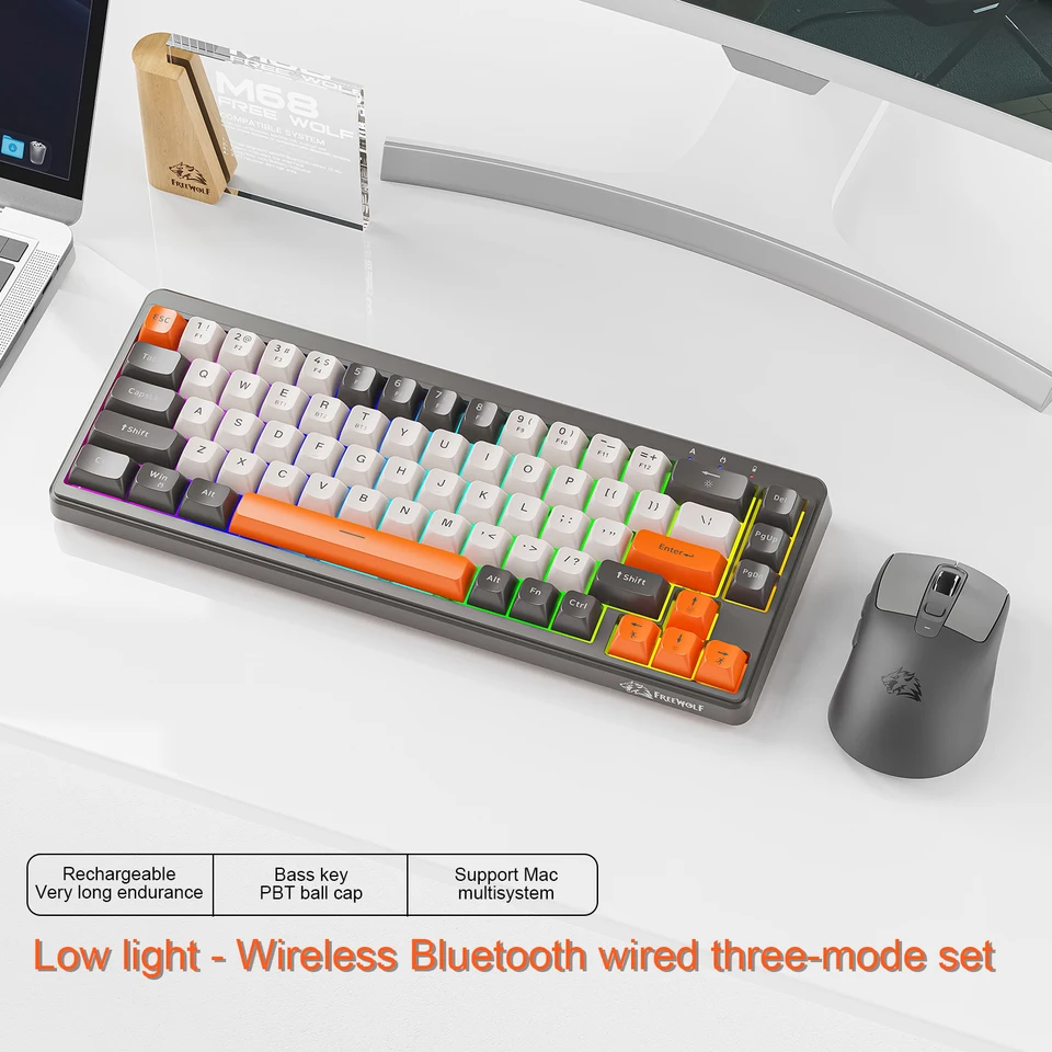 Ensemble sans fil FREEWOLF M68 : connexion multi-appareils, mini-clavier 68 touches et souris A3, touches PBT rétroéclairées._voghion.com