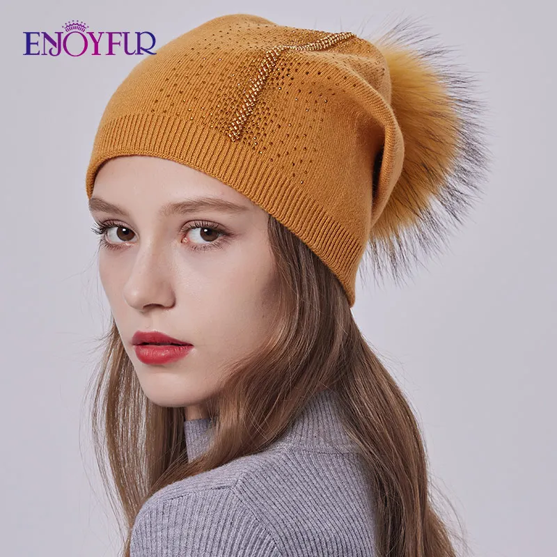 ENJOYFUR リアルファーポンポンビーニーハット女性用
