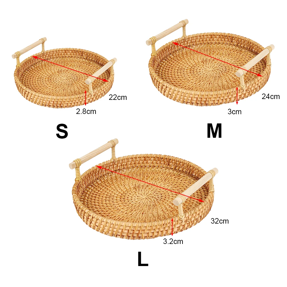 Handwoven Rattan Storage Tray Fruit Cake Wicker Basket With Handle Dinner Serving Tray Breakfast Bread Food Plate Round Shape 6