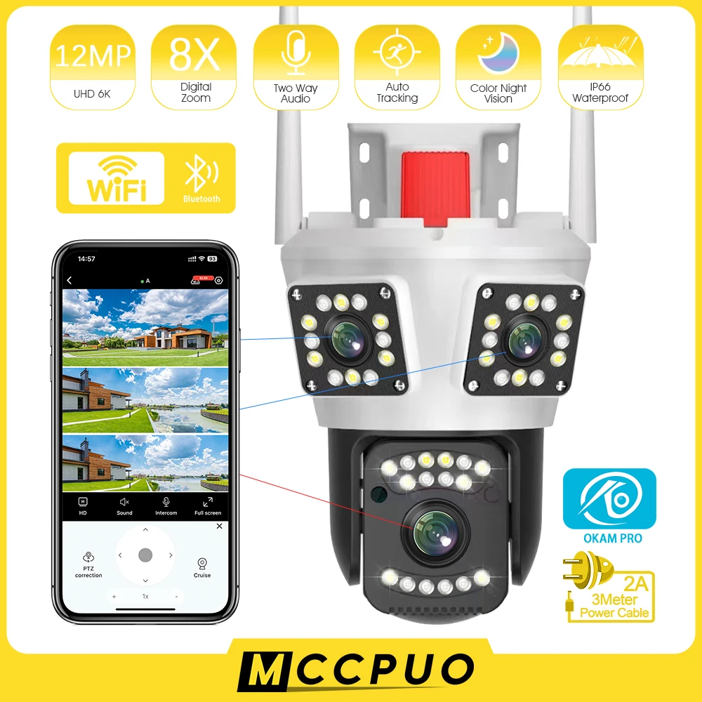 

Mccpuo 6K 12MP Three Lens WIFI PTZ Camera Three Screen Automatic Tracking Outdoor 9MP Security CCTV Surveillance IP Camera