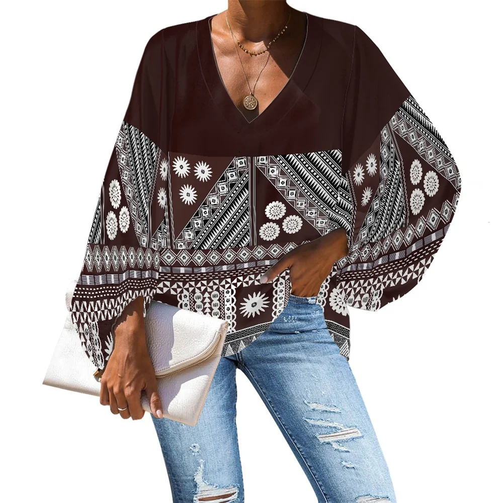 

Casual Polynesian Tribal Brown White Fiji Tonga Flower Print Custom Lantern Sleeve Chiffon Shirt Top 2022 V-neck Woman Blouse