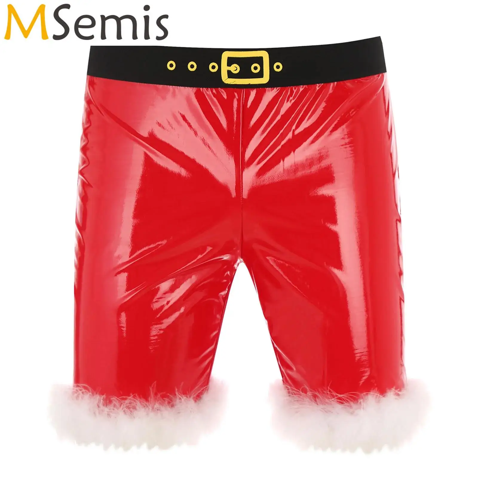 

Mens Red Santa Claus Print Feather Trim Shorts Fancy Christmas Patent Leather Shorts Underwear Wet Look Skinny Xmas Boxer Brief