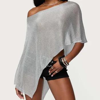 Y2k Aesthetic Vintage Smocked Knitted Shrug for Women Boho Solid Off Shoulder Asymmetric Beach Vacation Cover-Ups Pullovers Tops 1