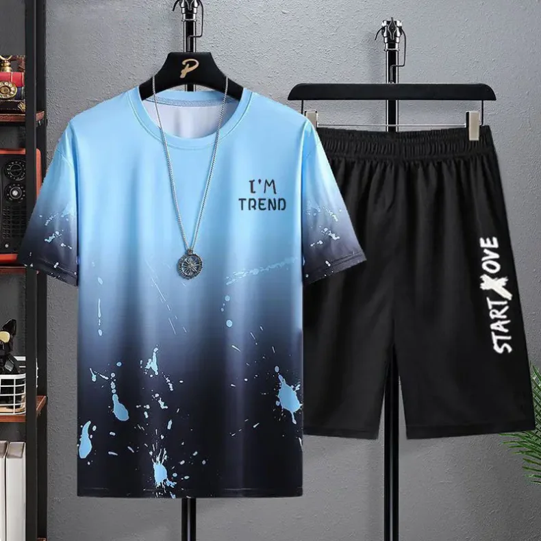 Men’s summer quick-dry two-piece set with round-neck short-sleeve T-shirt and matching shorts, lightweight sportswear for casual wear or workouts. blue 04578