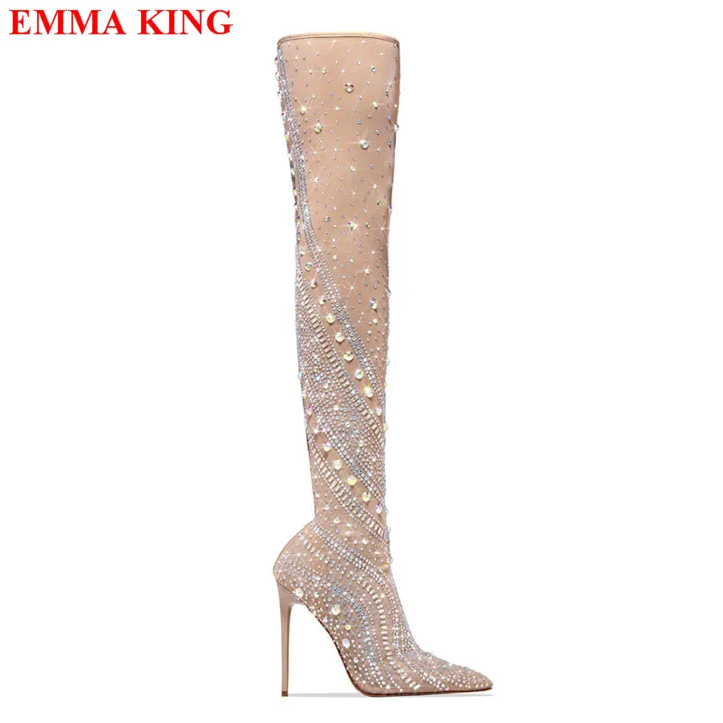 

Luxury Women Rhinestone Embelished Over The Knee Boots Winter Stretch Fabric Sock Boots Female Pointy Toe Thigh High Boots Woman