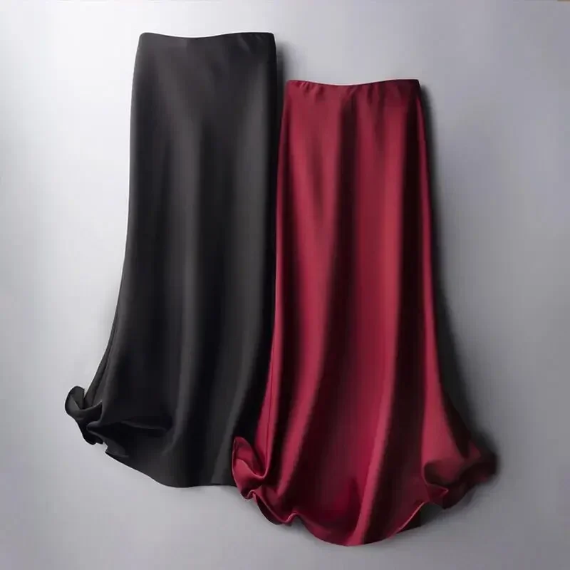 

Silk Midi Skirt for Women Summer Elegant Satin Solid Color A-Line s with High Waist Office Lady Women's R46