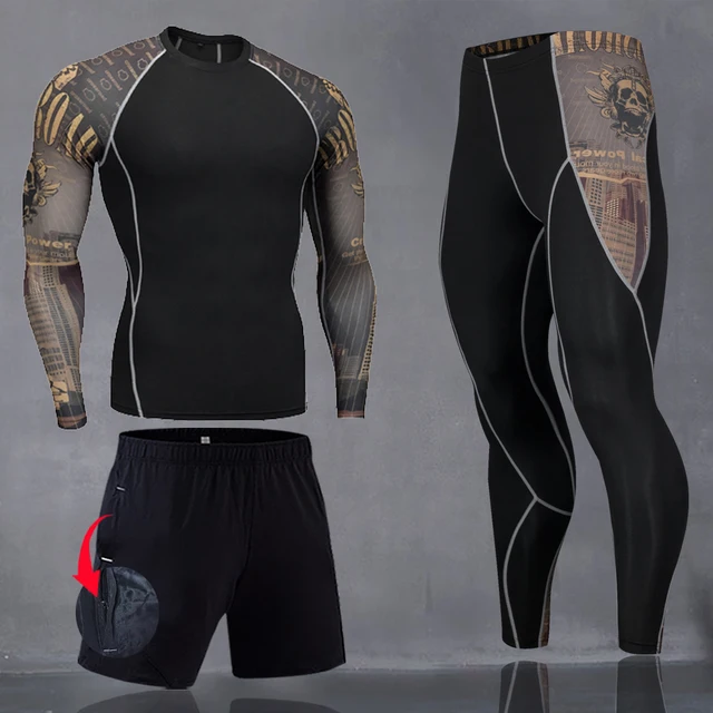 Running Men's Thermal Underwear Underpants Kit Sports Compression Clothing Tracksuit For Men Fitness Slim Joggers Base Layer Set 3Pcs-Set