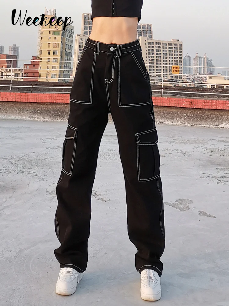 

Pockets Patchwork Baggy Jeans Fashion Streetwear 100% Cotton Women Denim Trouser Loose Cargo Pants Korean Autumn Winter