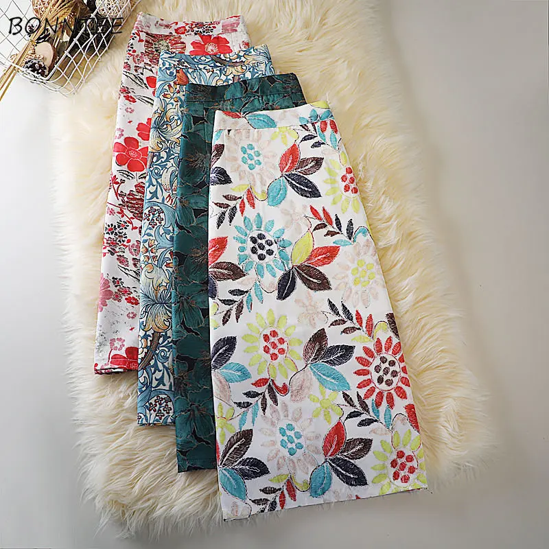 Midi Skirts Women Colorful Stylish Floral Vintage Faldas Korean Fashion High Waist Elegant Leisure Party Cozy All-match Summer