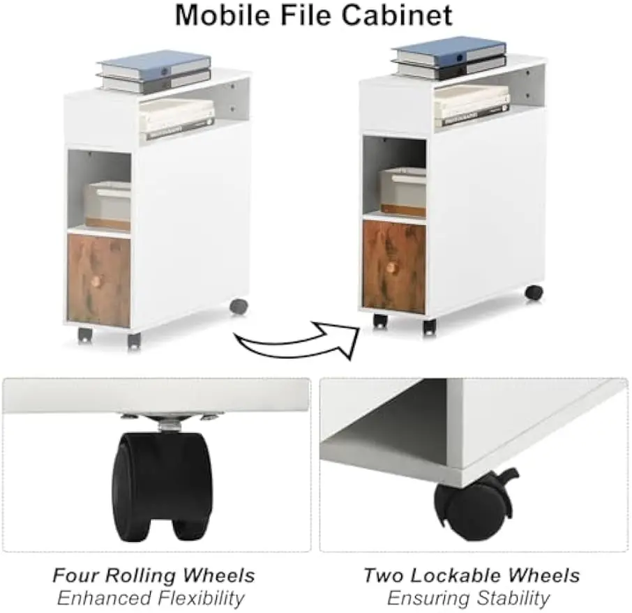 Mobile File Cabinet with Drawer & Dual-Sided Storage Shelves, Rolling Vertical File Organizer for Home Office - White/Brown