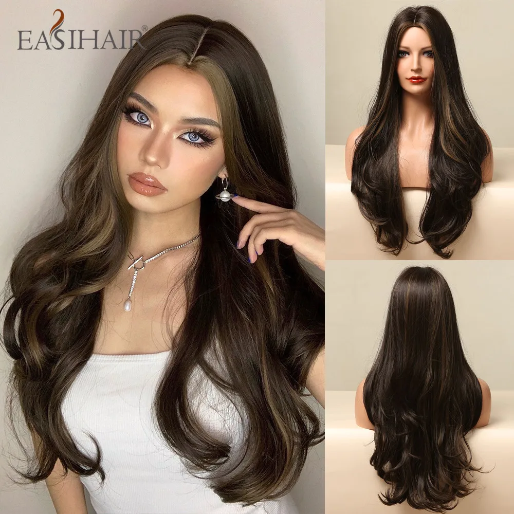 EASIHAIR Golden Highlight Blonde Parrucche sintetiche lunghe e ondulate con riga centrale Capelli naturali per donne Feste quotidiane Fibre resistenti al calore_voghion.com