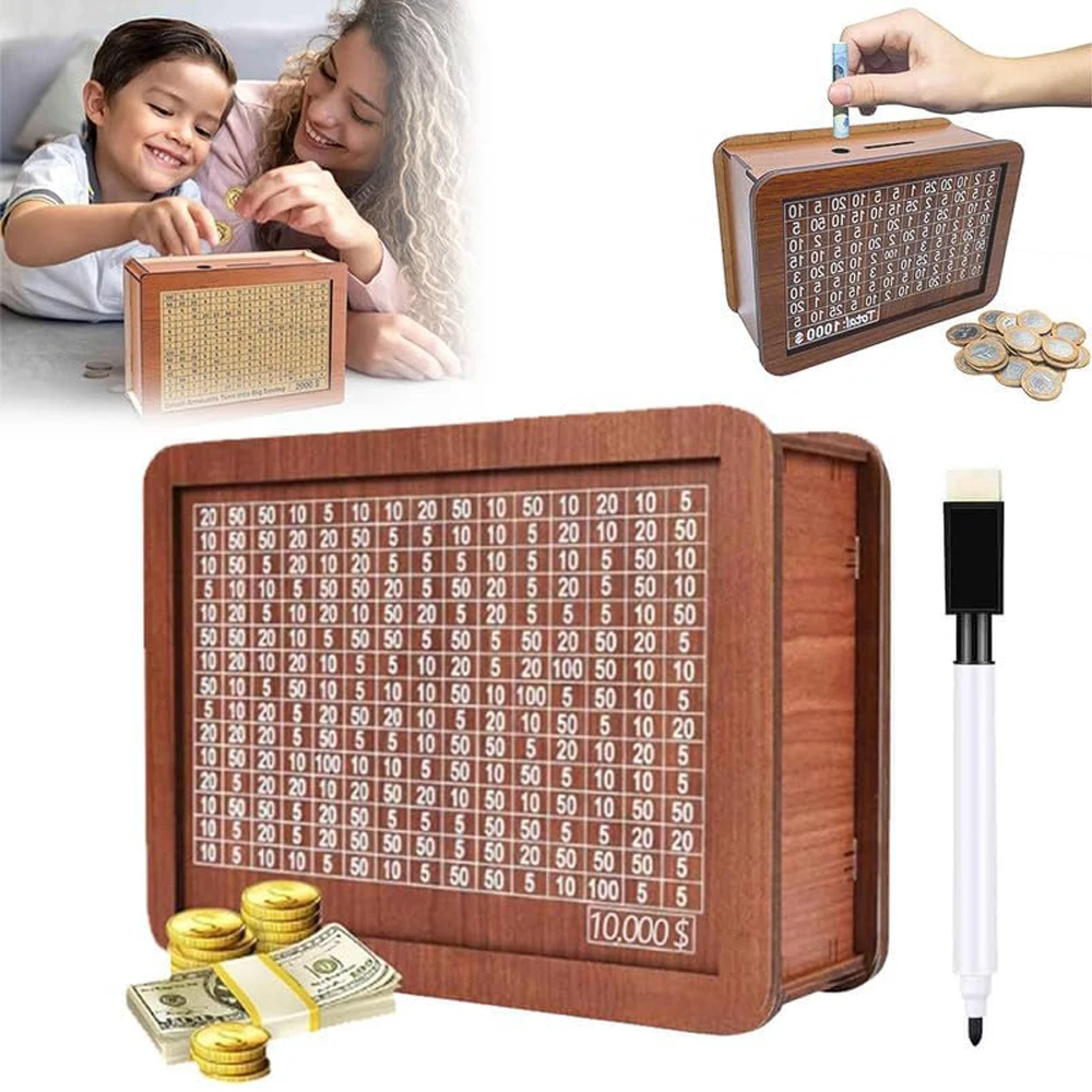 1000/2000/3000/5000/10000 Dollar/Euro Money Box Wooden Piggy Bank Reusable Money Box Saving Goal Numbers Boxes Piggy Bank Wooden Piggy Bank Wooden Money Box