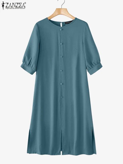ZANZEA Estate Increspato Texture Abiti Midi Donne Girocollo Mezza Manica a Soffio Fessura-Hem Robes Femme Casual Allentato Solido Abiti 3