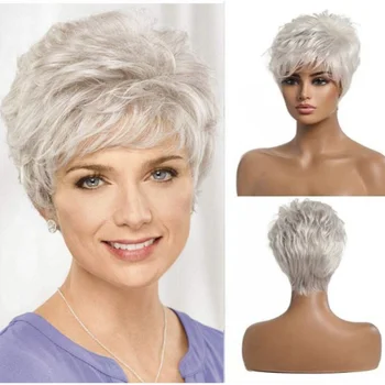 Parrucche per capelli umani lisci naturali argento per le donne Uso quotidiano Capelli corti Taglio pixie Parrucca economica per capelli umani a strati fatta a macchina