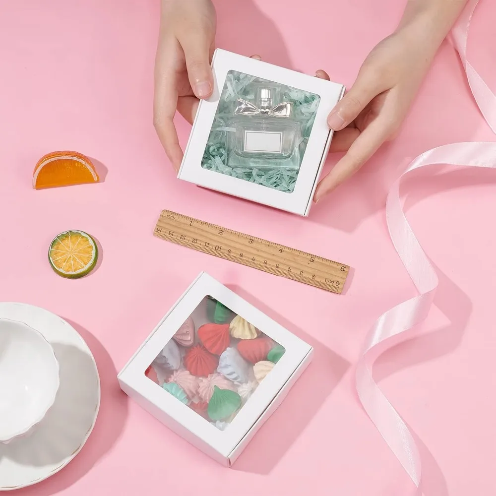 Clear PVC Square Window Gift Boxes White Kraft Paper Present Packing Boxes for Party Favor Treats Cookies Small Gifts or Crafts