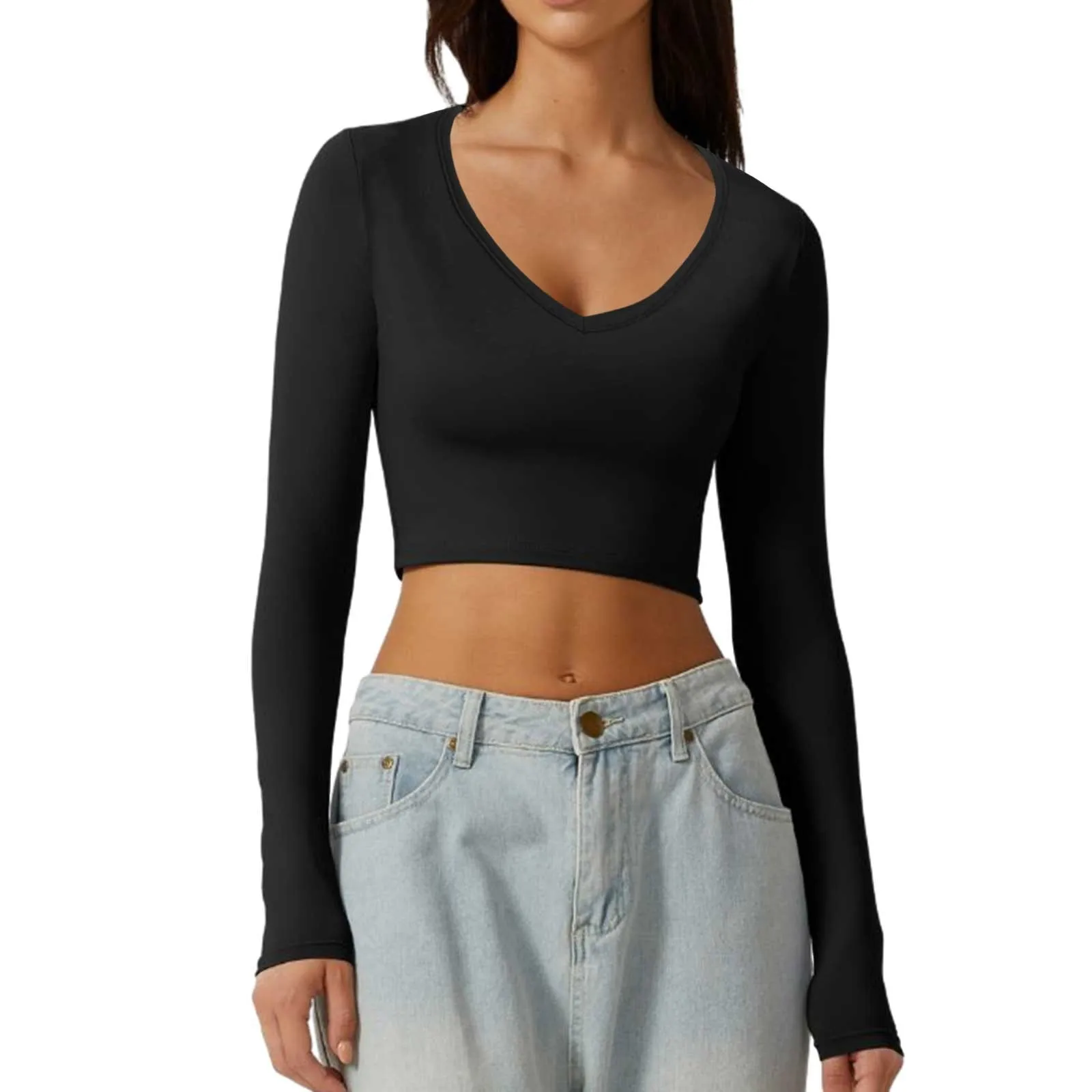 

Fashion Women T-shirt Long Sleeve V Neck Solid Slim Fit Ladies Crop Top with Thumb Holes for Daily Streetwear Summer Crop Tops