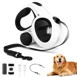 Heavy Duty Retractable Dog Leash with USB - Rechargeable LED Light and Poop Bag Holder, 16 ft Steel Cable - M (WHITE)
