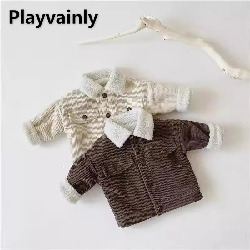 한국 스타일 아동 레트로 코듀로이 재킷 살구색 커피색 플러시 턴다운 칼라 플리..