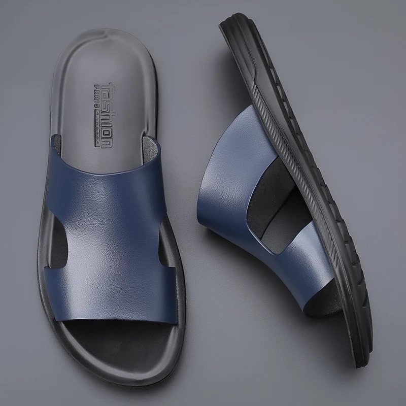 

Coslony slippers men leather luxury brand 2023 new Fashion Flats Summer Beach Soft Casual Outside Sandals Leather slides for men
