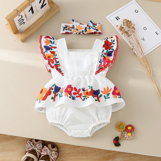 Newborn Baby Newborn Items  Girls Two-Piece Outfits, Flower Print Flying Sleeve Square Neck Bodysuit Romper + headband 1