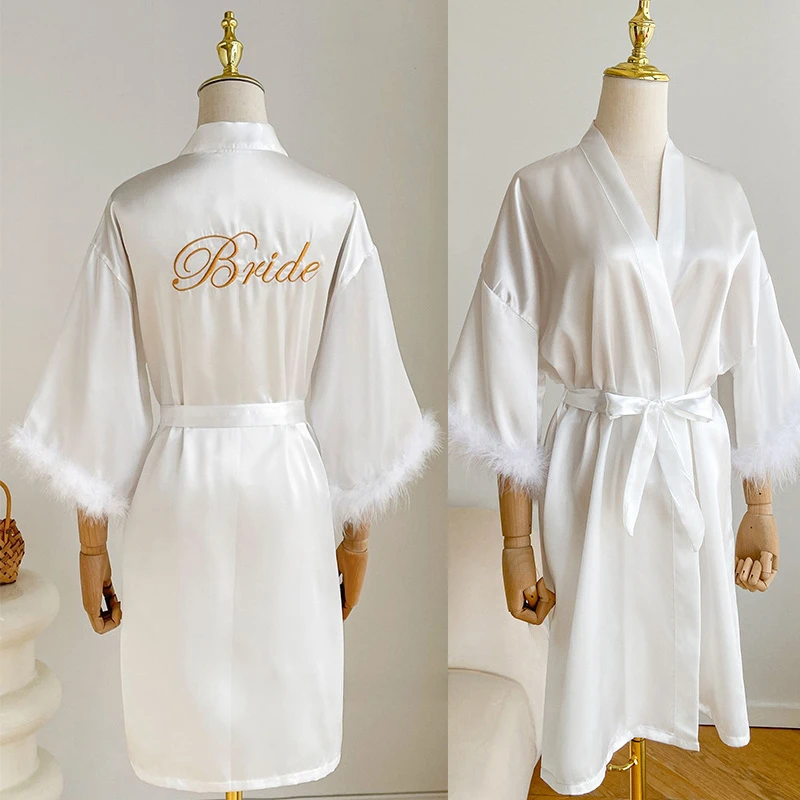 

Wedding Bride Bridesmaid Robe Satin Kimono Intimate Lingerie Lady Sexy Feather Sleeve Bathrobe Nightgown Short Sleepwear Onesize