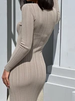 Women Spring Autumn Solid Color Bodycon Knit Dress Long Sleeve Crew Neck Ribbed Dress Slim Fit Long Dress - Image 4