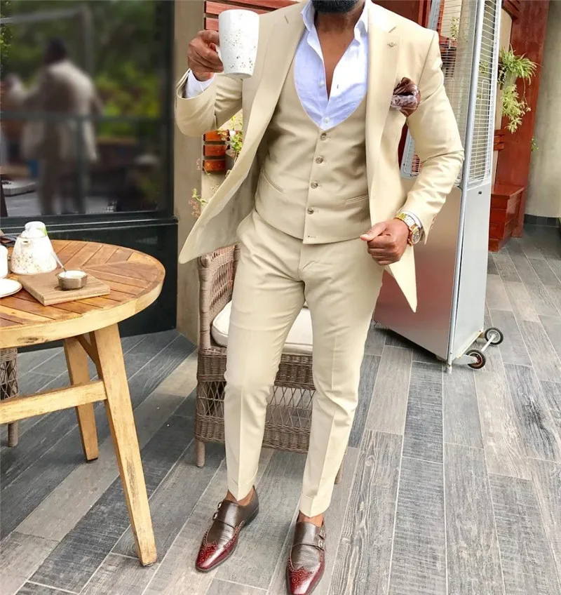 

2023 New Men's 3 Pieces Champagne Suit Formal Business Notch Lapel Slim Fit Tuxedo Groomsmen For Wedding (Blazer+Vest+Pants)