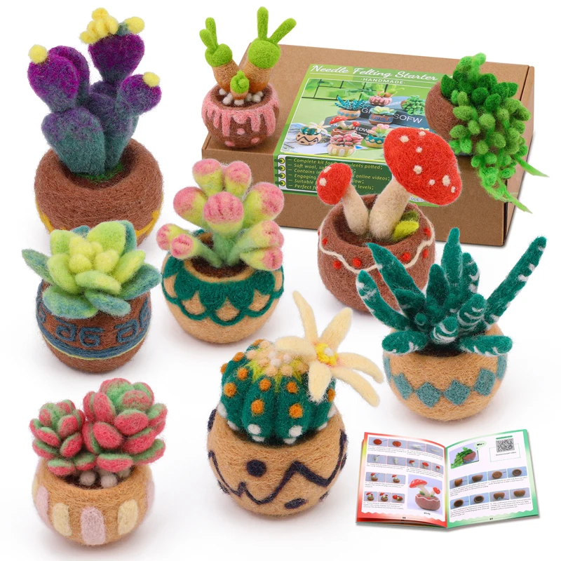 Wool Felting Package Material Succulent Plants Non-Finished DIY Arts Crafts Needlework Yarn Needle Felting Starter Kit 1Set