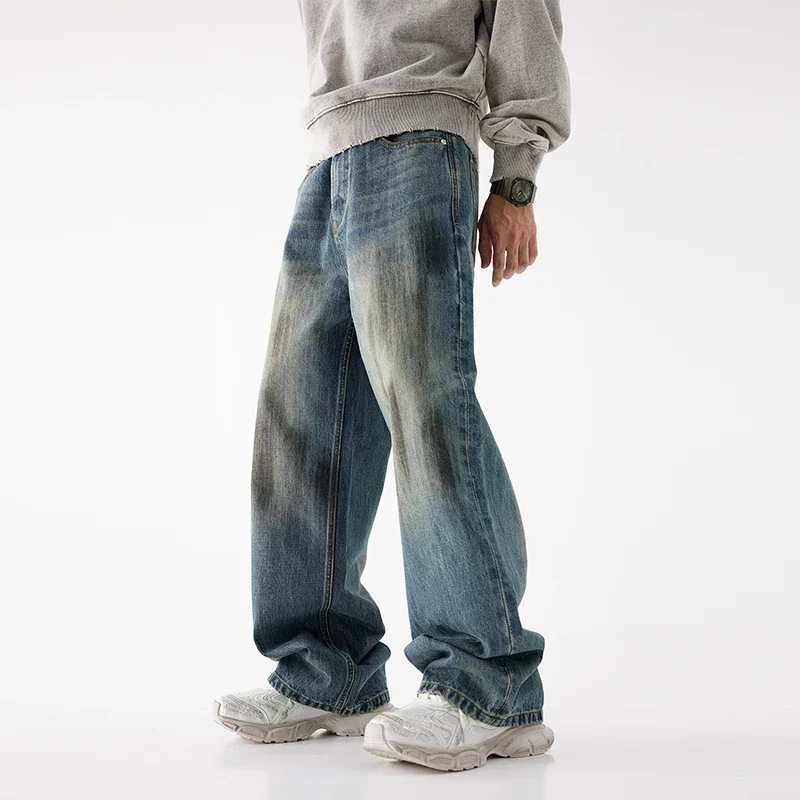 93% Cotton Autumn Winter Men's Baggy Jeans High Street Vintage Fashion Wide Legs Straight Denim Trousers High Quality Male