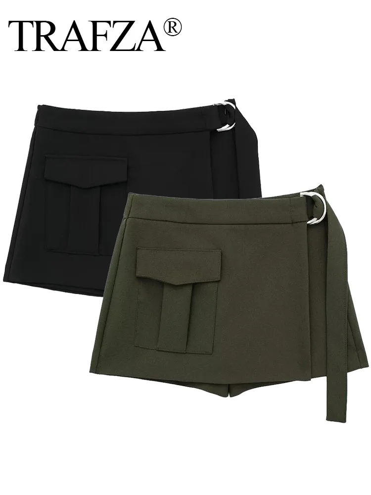

TRAFZA Women's Short Pants Trendy Solid Color High Waist Belt Pockets Decorate Zipper Women New Fashion Safari Style Culottes
