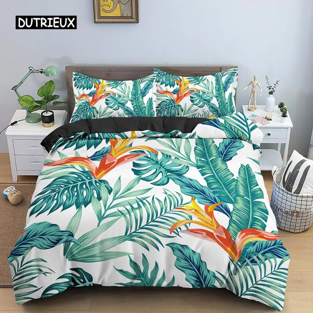 

Tropical Palm Leaf Duvet Cover Colorful Leaves Comforter Cover Set Rain Forest Jungle Plant Bed Covers for Women Men Kids Teens