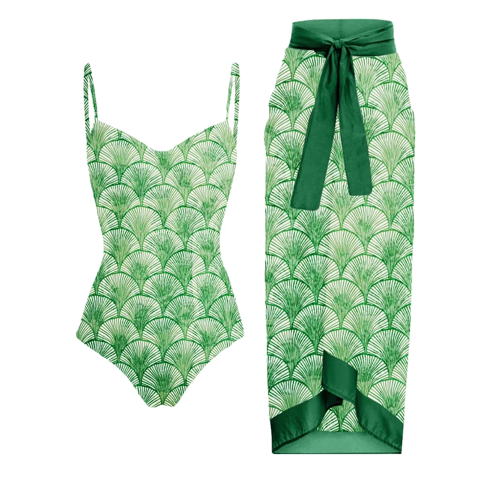 

Lanswe One-Piece Halter Bikinis Women 2023 Green Vintage Fan Print Bath Suits Homochromy Sarong Sexy Resort Brazil Swimwear