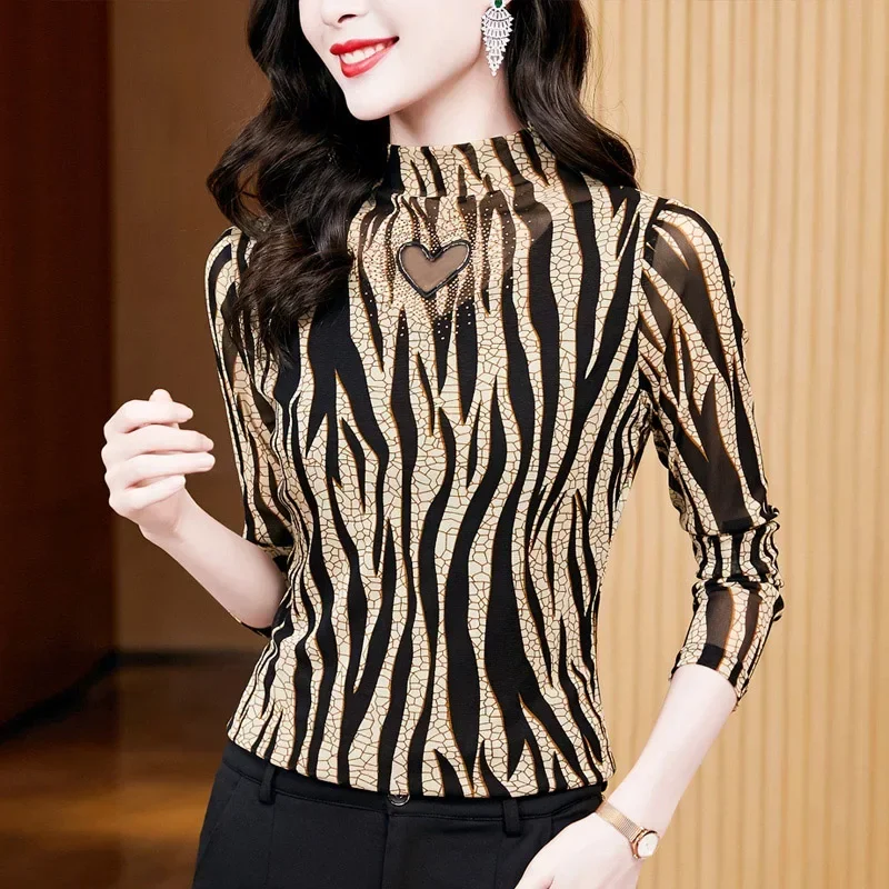 

Autumn Winter Women Half Turtleneck Full Sleeve T-shirts Tees Girls Hollow Out Undershirts Female Leopard Tshirt Top Y2k Clothes
