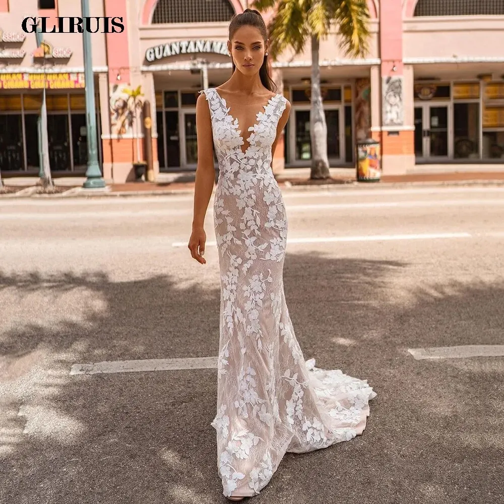 

2022 Wedding Dress Mermaid Illusion Scoop Neckline Lace Floral Appliques Satin Bridal Gowns Sexy Backless Brides Dress